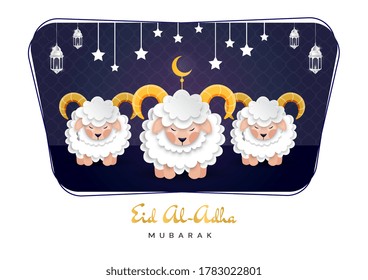 Kurban Bayram or Eid-Al-Adha poster or card design with three woolly rams or sheep standing below a crescent moon and stars on blue for the Islamic Festival Of Sacrifice, colored vector illustration