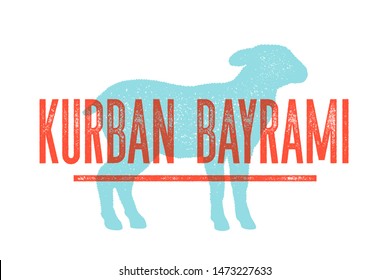 Kurban Bayrami. Lamb, sheep. Farm animals - Lamb or Sheep side view profile. Text Kurban Bayrami on Turkish, Feast of the Sacrifice Greeting Eid al-Adha Mubarak Islamic holiday. Vector Illustration