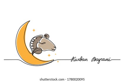 Kurban Bayrami simple vector background, web banner with sheep goat and crescent. One continuous line drawing of sheep and moon for Kurban Bayrami.