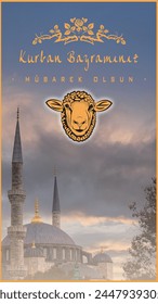 Kurban Bayraminiz Mubarek Olsun or Eid al-Adha greeting card with a sheep motif and mosque silhouette against a twilight sky. Post , history