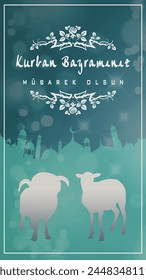 Kurban Bayraminiz Mubarek Olsun or Eid al-Adha with this serene greeting card, showcasing sheep silhouettes and a mosque backdrop, ideal for social media stories and posts