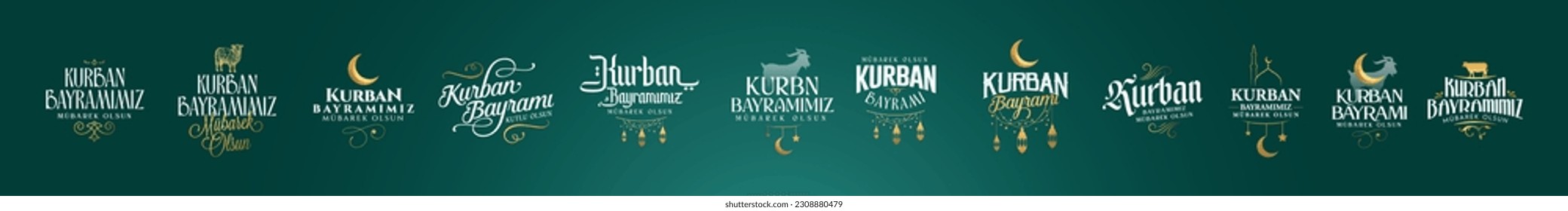 Kurban Bayramımız Kutlu Olsun tipografi logo set Translation: (Eid al-Adha Mubarak typography logo set) Feast of the Sacrifice Greeting.  Holy days of muslim community.