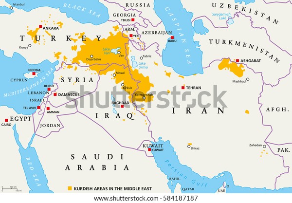 Kurdish Areas Middle East Political Map Stock Vector Royalty Free