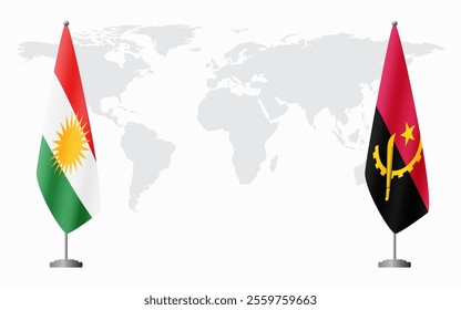 Kurdistan and Angola flags for official meeting against background of world map.