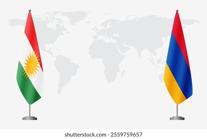 Kurdistan and Armenia flags for official meeting against background of world map.