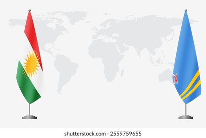 Kurdistan and Aruba flags for official meeting against background of world map.