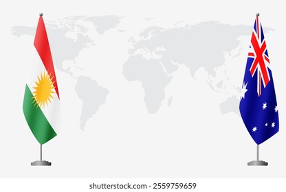 Kurdistan and Australia flags for official meeting against background of world map.