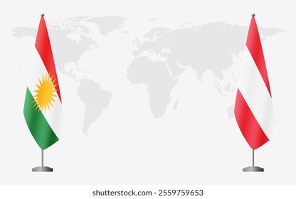 Kurdistan and Austria flags for official meeting against background of world map.