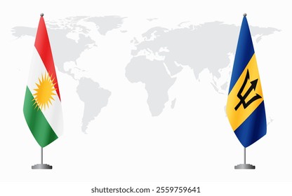 Kurdistan and Barbados flags for official meeting against background of world map.