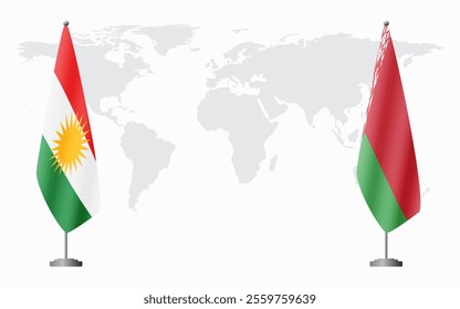 Kurdistan and Belarusian flags for official meeting against background of world map.