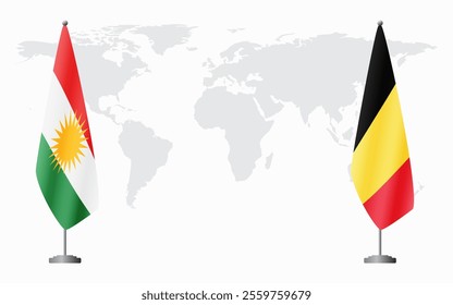 Kurdistan and Belgium flags for official meeting against background of world map.