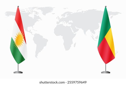 Kurdistan and Benin flags for official meeting against background of world map.