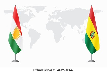 Kurdistan and Bolivia flags for official meeting against background of world map.