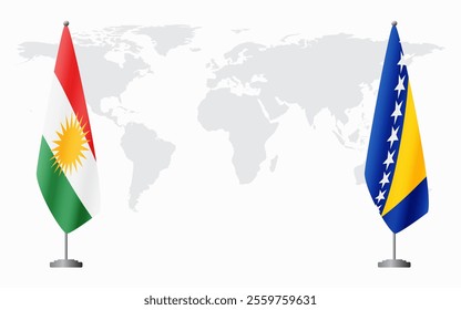 Kurdistan and Bosnia and Herzegovina flags for official meeting against background of world map.