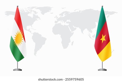 Kurdistan and Cameroon flags for official meeting against background of world map.