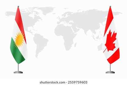 Kurdistan and Canada flags for official meeting against background of world map.