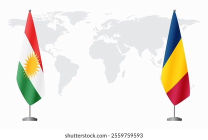 Kurdistan and Chad flags for official meeting against background of world map.