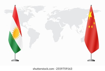 Kurdistan and China flags for official meeting against background of world map.