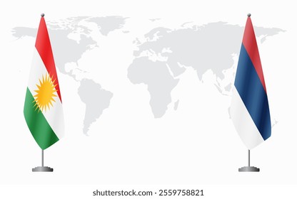 Kurdistan and civil Serbia flags for official meeting against background of world map.