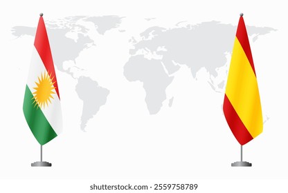 Kurdistan and civil Spain flags for official meeting against background of world map.