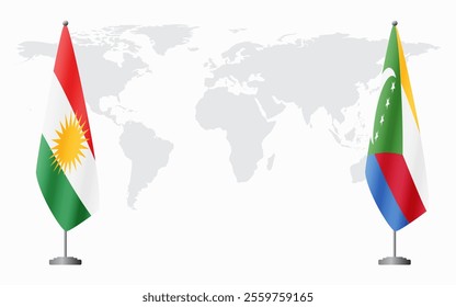 Kurdistan and Comoros flags for official meeting against background of world map.