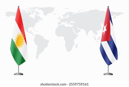 Kurdistan and Cuba flags for official meeting against background of world map.