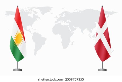 Kurdistan and Denmark flags for official meeting against background of world map.