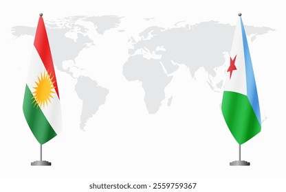 Kurdistan and Djibouti flags for official meeting against background of world map.