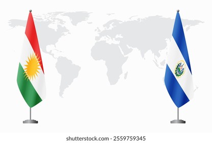 Kurdistan and El Salvador flags for official meeting against background of world map.