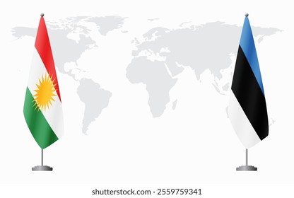 Kurdistan and Estonia flags for official meeting against background of world map.