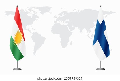 Kurdistan and Finland flags for official meeting against background of world map.