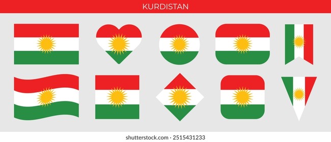 Fahne Kurdistans gesetzt. Kurdische Flagge in verschiedenen Formen. Vektorgrafik einzeln auf weißem Hintergrund