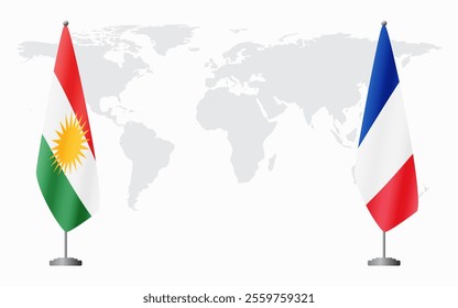 Kurdistan and France flags for official meeting against background of world map.