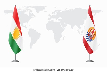 Kurdistan and French Polynesia flags for official meeting against background of world map.