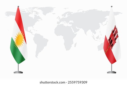 Kurdistan and Gibraltar flags for official meeting against background of world map.