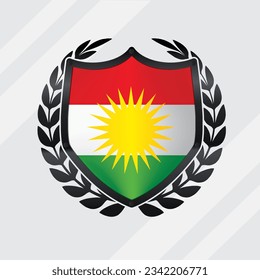 Kurdistan Glossy Black Shield Flag With Rounding Leaf Wreath 

