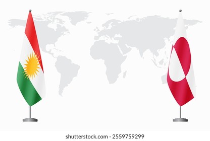 Kurdistan and Greenland flags for official meeting against background of world map.