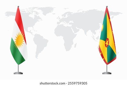 Kurdistan and Grenada flags for official meeting against background of world map.