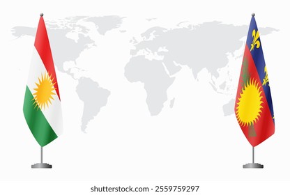 Kurdistan and Guadeloupe flags for official meeting against background of world map.