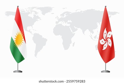 Kurdistan and Hong Kong flags for official meeting against background of world map.