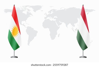 Kurdistan and Hungary flags for official meeting against background of world map.