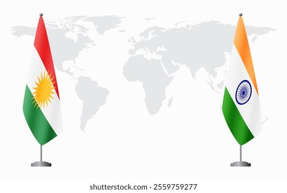 Kurdistan and India flags for official meeting against background of world map.