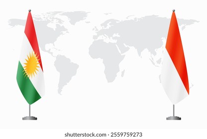 Kurdistan and Indonesia flags for official meeting against background of world map.