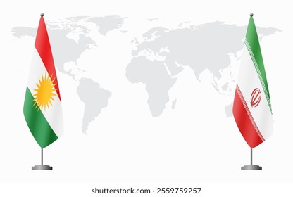 Kurdistan and Iran flags for official meeting against background of world map.