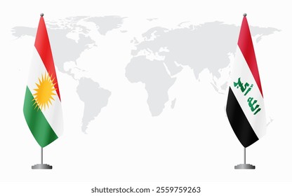 Kurdistan and Iraq flags for official meeting against background of world map.