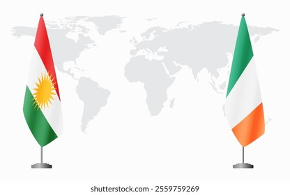 Kurdistan and Ireland flags for official meeting against background of world map.