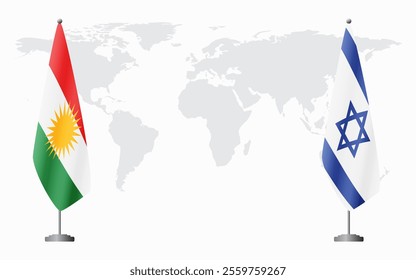 Kurdistan and Israel flags for official meeting against background of world map.