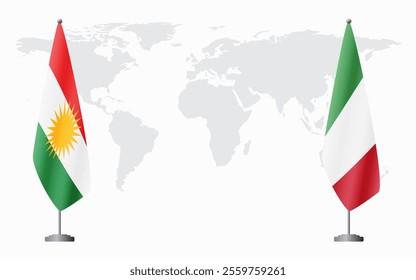 Kurdistan and Italy flags for official meeting against background of world map.