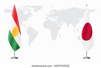 Kurdistan and Japan flags for official meeting against background of world map.