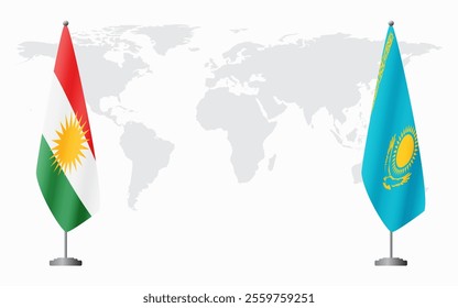 Kurdistan and Kazakhstan flags for official meeting against background of world map.